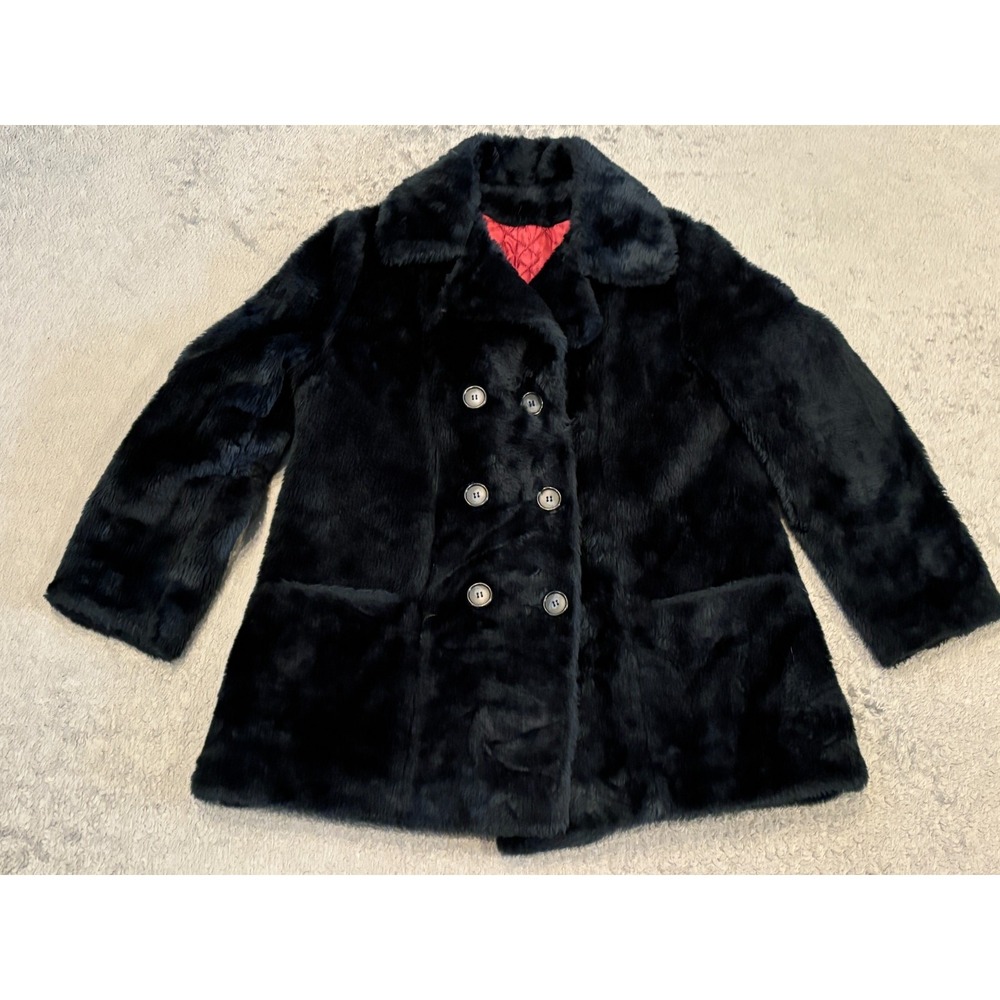 Vintage Sears Fashion Faux Fur Coat Womens Medium Navy Button 70s Mob Wife Glam